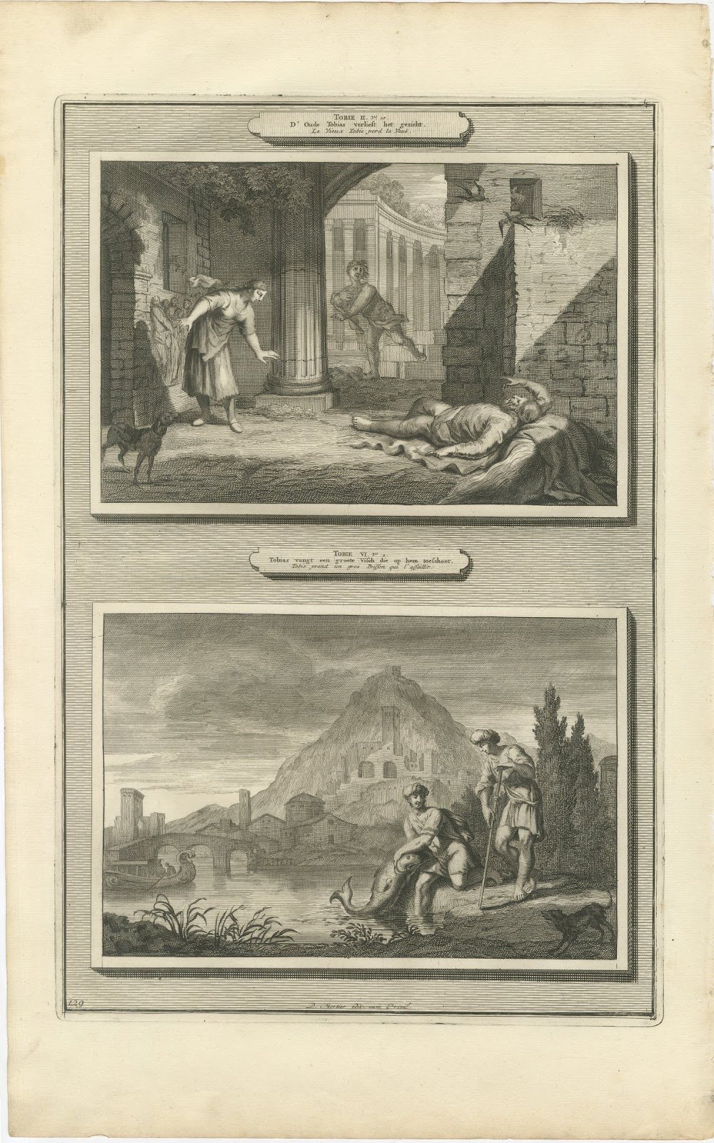 Tobit Loses His Sight and Tobias Catches the Fish, Mortier Bible circa 1700