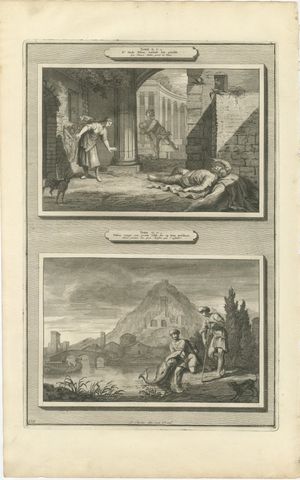 Tobit Loses His Sight and Tobias Catches the Fish, Mortier Bible circa 1700