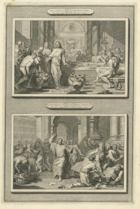 Miracles of Christ, Wedding at Cana & Cleansing of the Temple, P. Mortier, 1700, close-up 5
