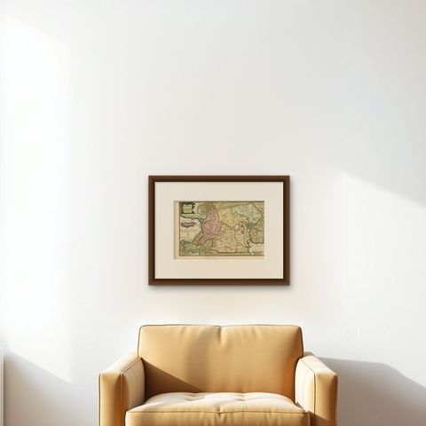 Antique Map of the Holy Land and Paradise, Terrae Canaan Map, c.1720, shown framed on a wall, true to size