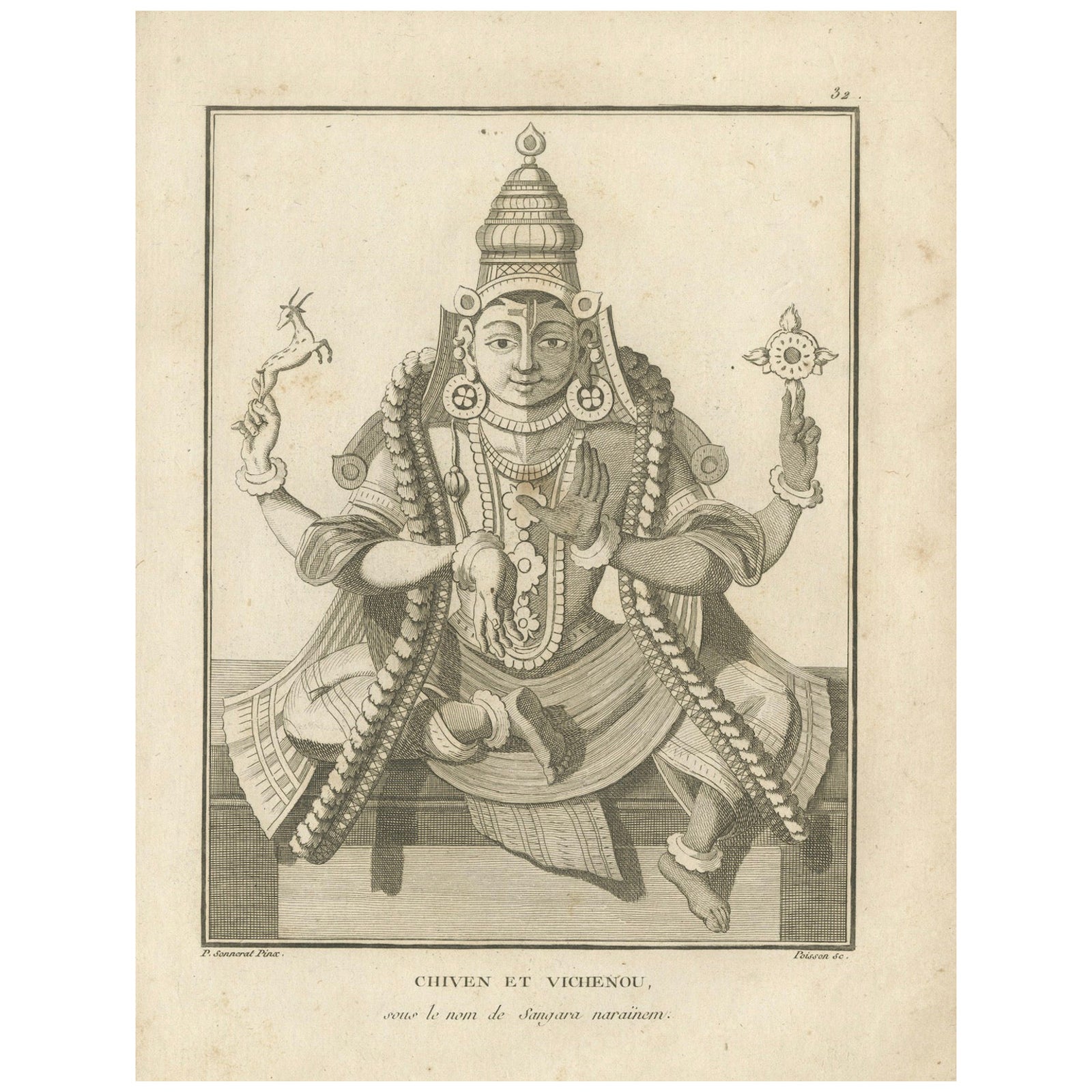 Historic 1806 Shiva and Vishnu Harihara Antique Print, Hindu Deity Engraving
