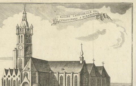 1720 Etching of St. Christopher's Cathedral in Roermond by Jacobus Harrewijn, close-up 1