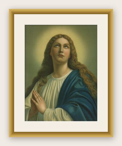 Holy Mary in Prayer, Antique German Marian Chromolithograph, 1904, shown framed