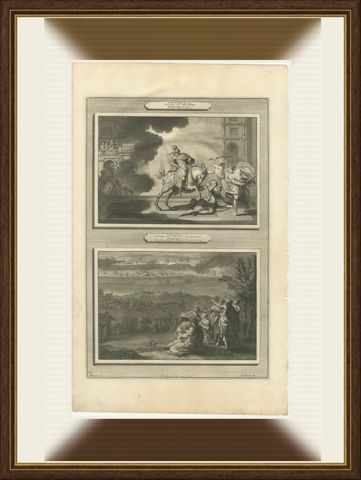 Heliodorus Scourged and Armies in the Sky over Jerusalem, Mortier, circa 1700, shown framed