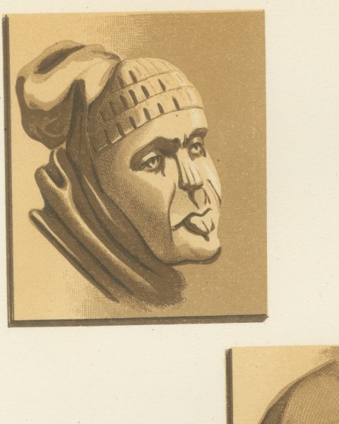 Carved Stall Heads at Vitteaux, Côte d'Or, Antique Print, 1851, close-up 1