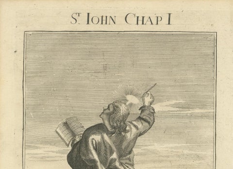 St. John Apostle Engraving, John I Evangelist with Gospel c.1735, close-up 1