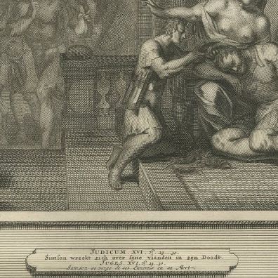 Samson and Delilah and Samson Destroys the Temple of Dagon, Mortier circa 1700, close-up 2