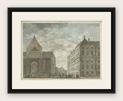 Antique Print of the City Hall and Church of Amsterdam by Tirion, 1766, shown framed