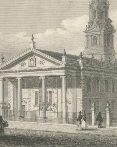 St. Paul's Chapel, Broadway, New York, Drawn by A. J. Davis, circa 1850, close-up 1