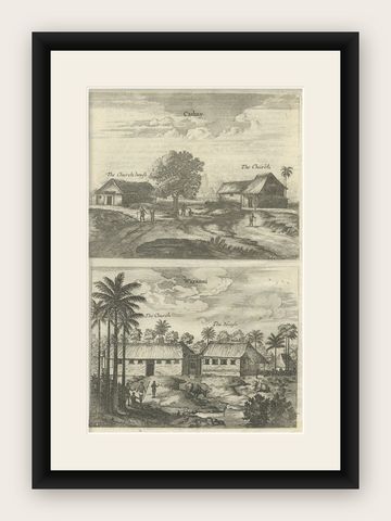 Antique Print of the Churches of Cathay and Waranni in Ceylon 'Sri Lanka', 1703, shown framed