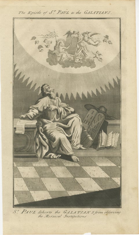 St. Paul to Galatians, Rejecting Mosaic Law, Antique Engraving c.1735, view 2
