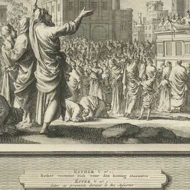 Ezra Reading the Law and Esther before Ahasuerus, Pieter Mortier, circa 1700, close-up 2