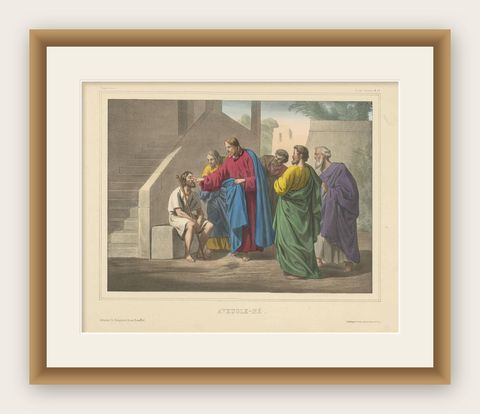 Antique Religious Print 'No. 20' Jesus Heals a Man Born Blind, circa 1840, shown framed