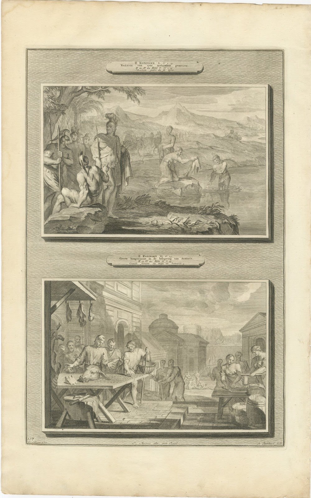 Naaman Healed in the Jordan and Famine in Samaria, Pieter Mortier, circa 1700