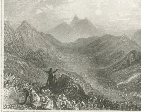 Mount Sinai, Antique View of the Holy Mountain with an Encampment, circa 1850, close-up 1