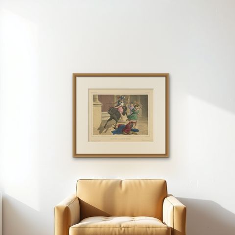Religious Print "No.26" Expulsion of Heliodorus from the Temple, circa 1840, shown framed on a wall, true to size