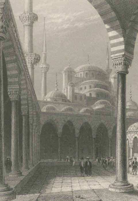 Blue Mosque Courtyard, Istanbul after W.H. Bartlett, Engraving, circa 1838, close-up 1
