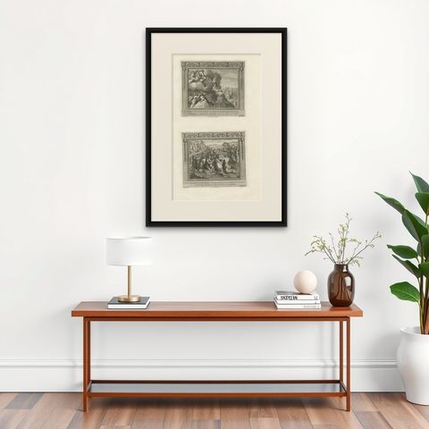 Antique Religion Print of Moses on Mount Sinai Receiving the Stone Tablets, shown framed on a wall, true to size