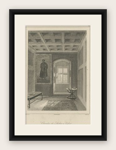 Antique Print of Martin Luther's Monastery Room in Germany, 1838, shown framed