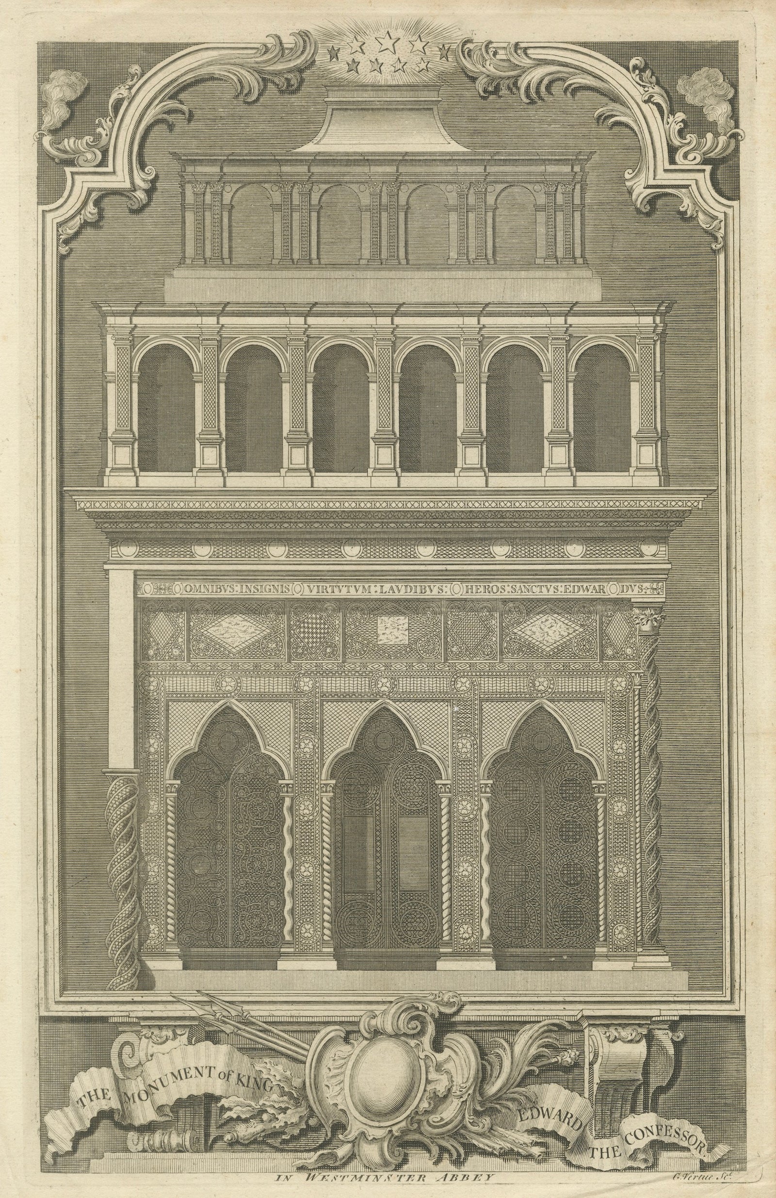 Antique Westminster Abbey Monument Engraving, Vertue, England, c.1735
