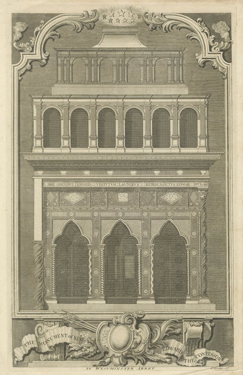 Antique Westminster Abbey Monument Engraving, Vertue, England, c.1735