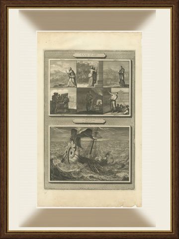 Six Minor Prophets and Jonah Thrown into the Sea, Mortier Bible circa 1700, shown framed