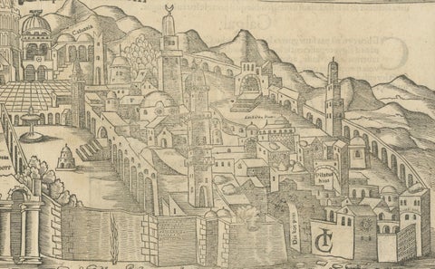 Jerusalem, Holy City View, Early Renaissance Woodcut, c.1560, close-up 1