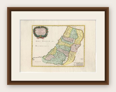Holy Land Map of the Twelve Tribes of Israel, Sanson, Hand Colored, 1696, shown framed