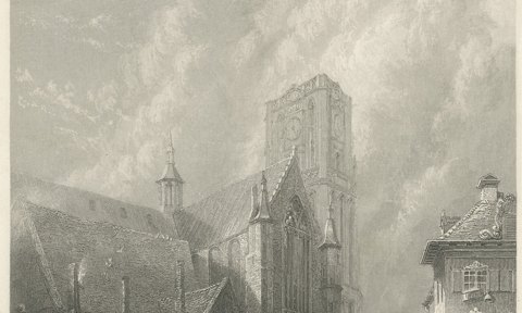 St. Lawrence Cathedral, Rotterdam, Antique Engraving after G. Balmer, circa 1834, close-up 1