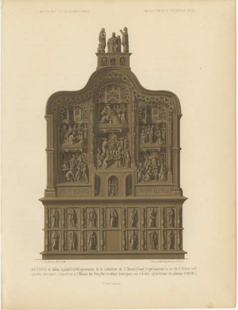 Carved Oak Retable of 1504 from Saint Bavon, Ghent, Antique Print, 1851, view 2