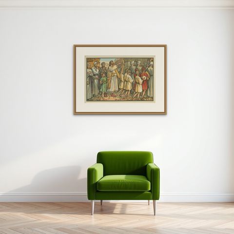 Antique Religion Print of David Dancing Before the Ark, 1913, shown framed on a wall, true to size