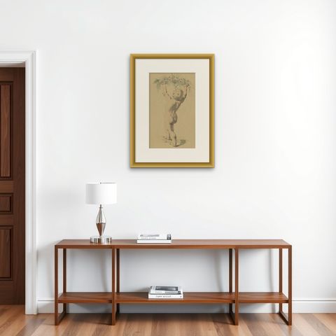 Antique Litho of an Angel by Meyer, 1892, shown framed on a wall, true to size