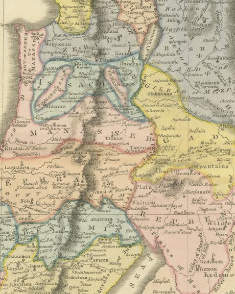 Canaan Divided into the Twelve Tribes, Antique Hand-Colored Map, 1823, close-up 2