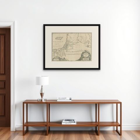 Antique Map of the Holy Land, showing the travels of Abraham, Isaac and Jacob, shown framed on a wall, true to size