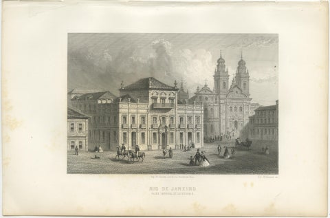 Antique Engraving of Rio de Janeiro, Imperial Palace and Cathedral, c.1867, view 2