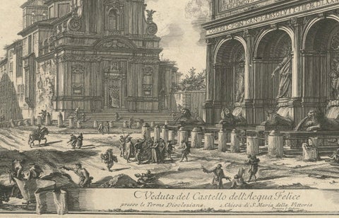 1751 Engraving of Roman Fountain and Church, Fountain of Moses and Santa Maria, close-up 1