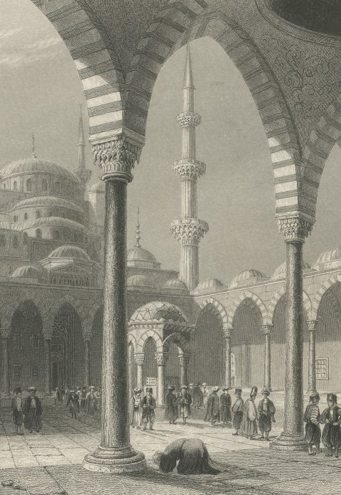 Blue Mosque Courtyard, Istanbul after W.H. Bartlett, Engraving, circa 1838, close-up 3