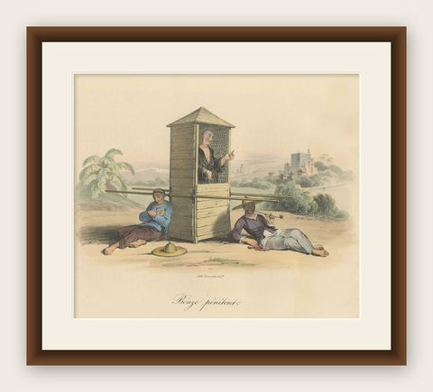Antique Print of a Religious Man in a Sedan Chair, China, shown framed