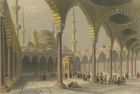 Antique Print, Blue Mosque Interior, Istanbul Ottoman Courtyard, ca. 1839, close-up 2