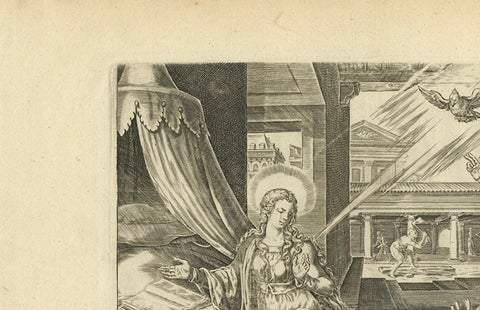 Mary Visited by an Angel, Antique Biblical Engraving, Visscher, 1674, close-up 1