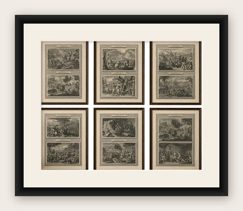Genesis Narrative Engravings Set, Mortier Amsterdam, Flood to Babel Scenes 1700, shown framed