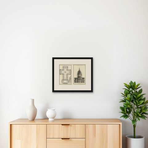 Neoclassical Sanctum: De Neufforge's Ecclesiastical Engravings of a Church, 770, shown framed on a wall, true to size