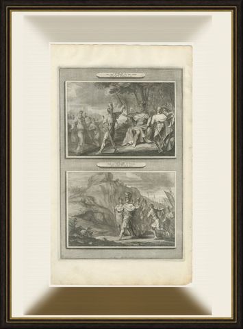 Saul Kills the Priests of Nob and David Escapes Saul, Mortier Bible circa 1700, shown framed