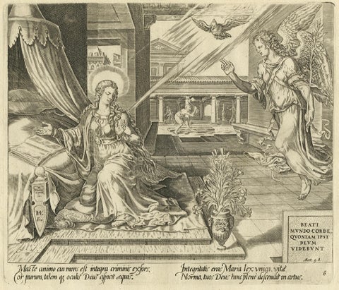Mary Visited by an Angel, Antique Biblical Engraving, Visscher, 1674, close-up 3