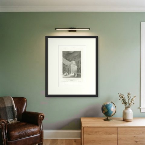 Antique Interior View of the Holy Sepulchre, Jerusalem, Engraving, circa 1850, shown framed on a wall, true to size
