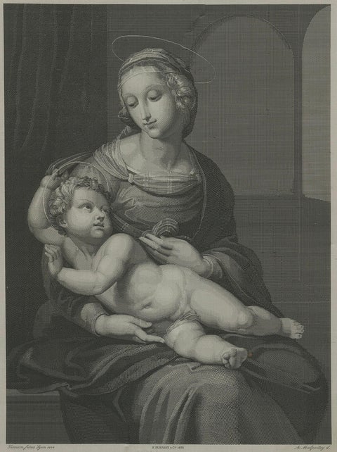 Madonna and Child, Stipple Engraving by Nargeot after Raphael, 1878, close-up 1