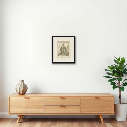 Historic 1806 Shiva and Vishnu Harihara Antique Print, Hindu Deity Engraving, shown framed on a wall, true to size