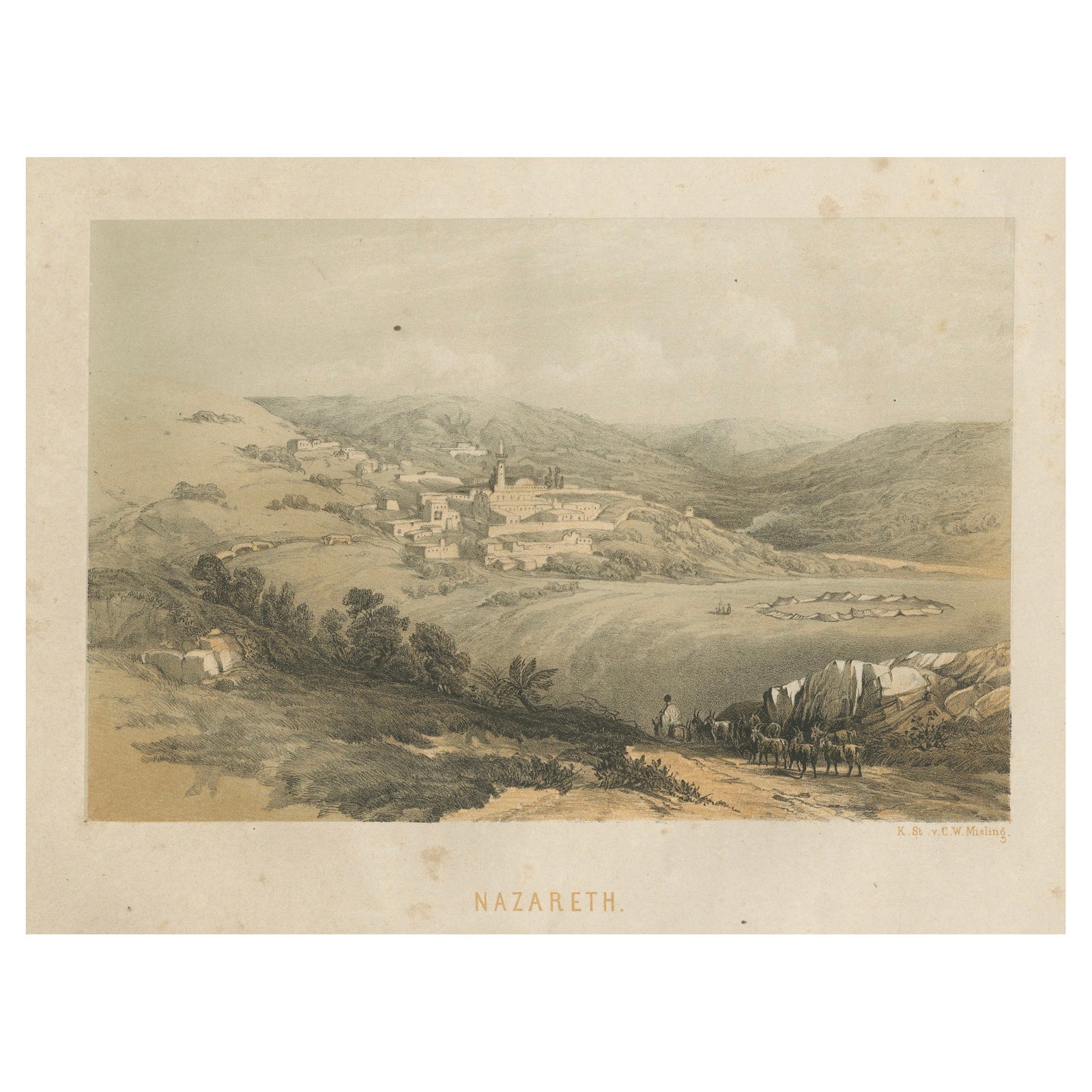 1862 Chromolithograph of Nazareth, Biblical Landscape After David Roberts