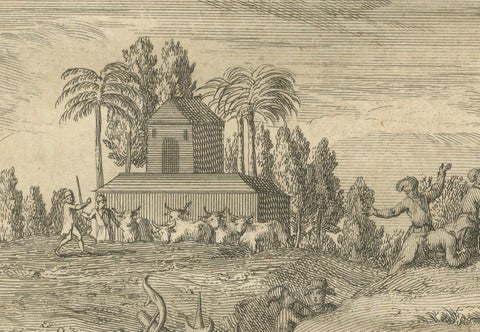 Procession of Ganga and Festival of Huly, Antique 18th Century India Engraving, close-up 3