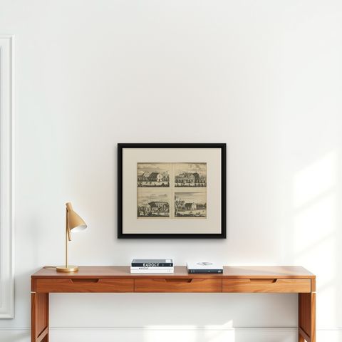 Antique Print of the Churches of Mallagam, Achiavelli, Mayletti and Oudewil, shown framed on a wall, true to size